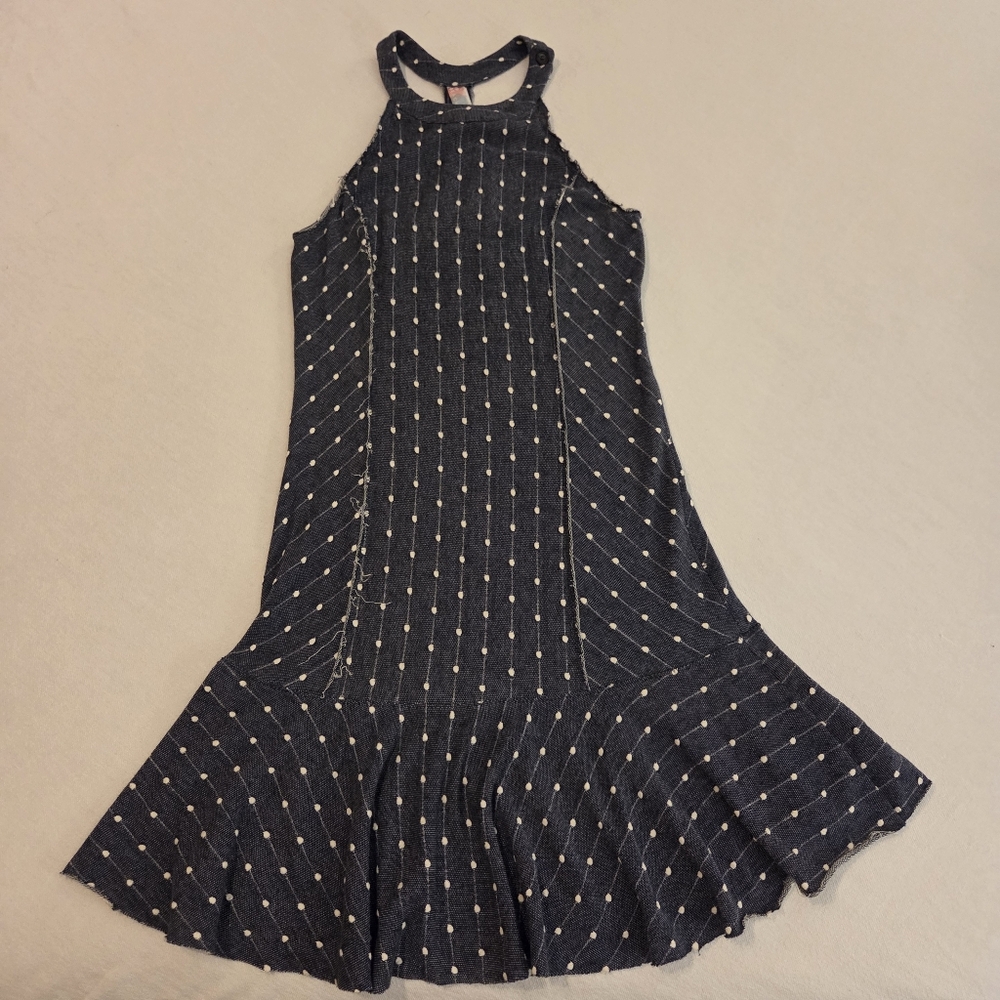 FREE PEOPLE | FP BEACH Blue White Swiss Dot Halter Racer Back Drop Waist Dress S
